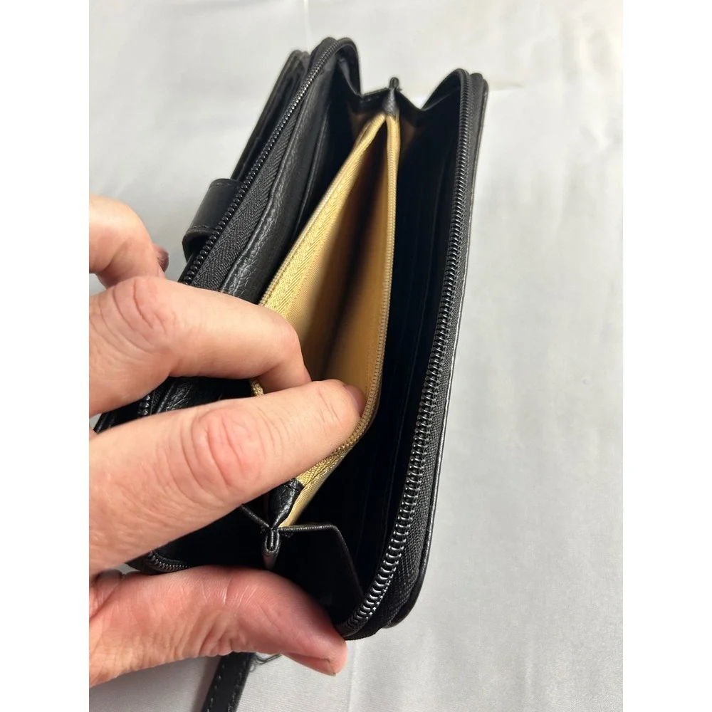 Mundi Black Pebbled Faux Leather‎ Zip Around Wallet Organizer Snap Closure